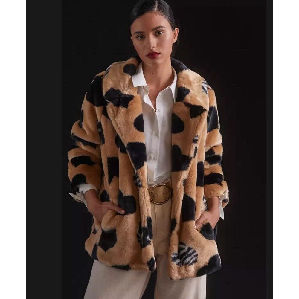 Anthropologie Maeve Faux Fur Coat‎ Sz Large $198 Jacket Brown Black Animal Print - Picture 4 of 16